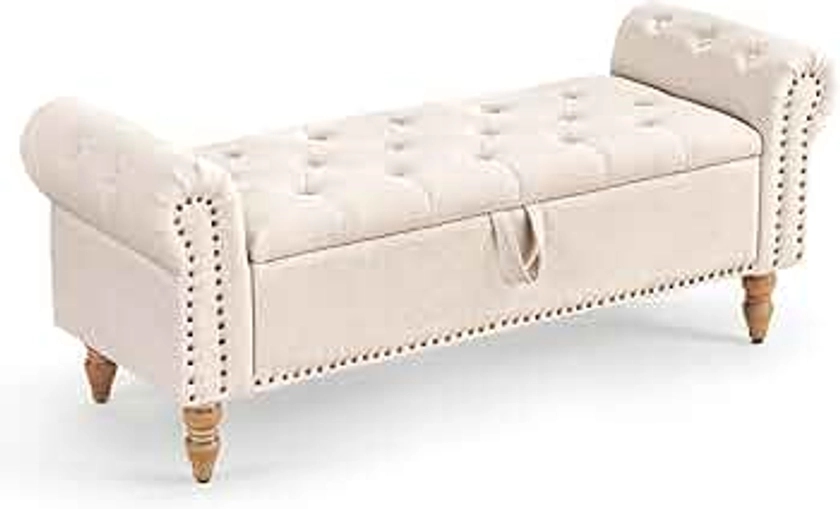 Furniliving 51” Storage Bench, End of Bed Bench with Button-Tufted Large Upholstered Storage Ottoman Linen Window Bench with Storage Shoe Cabinet Bench, for Bedroom, Entryway, Closet, Beige
