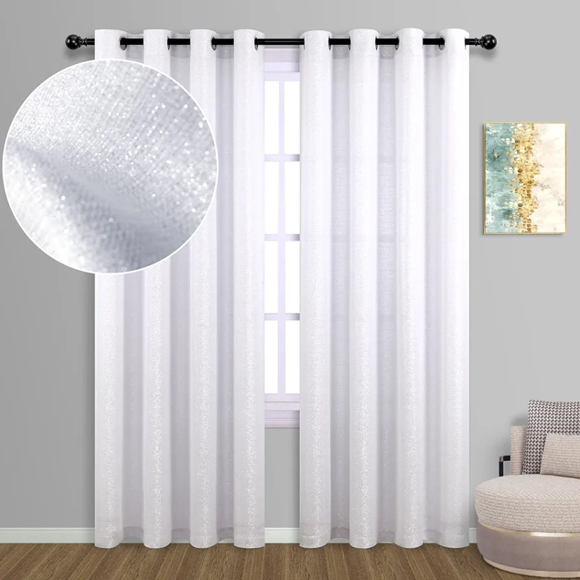 White and Silver Curtains 95 Inches Long for Living Room 2 Panel Grommet Drape Semi Sheer Metallic Sparkling Shimmer Glittery Shiny Curtains for Dining Room Bedroom Wedding Party Glam Glamour Shimmery