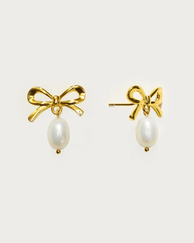 Gold Ribbon Pearl Earrings | En Route Jewelry | En Route Jewelry