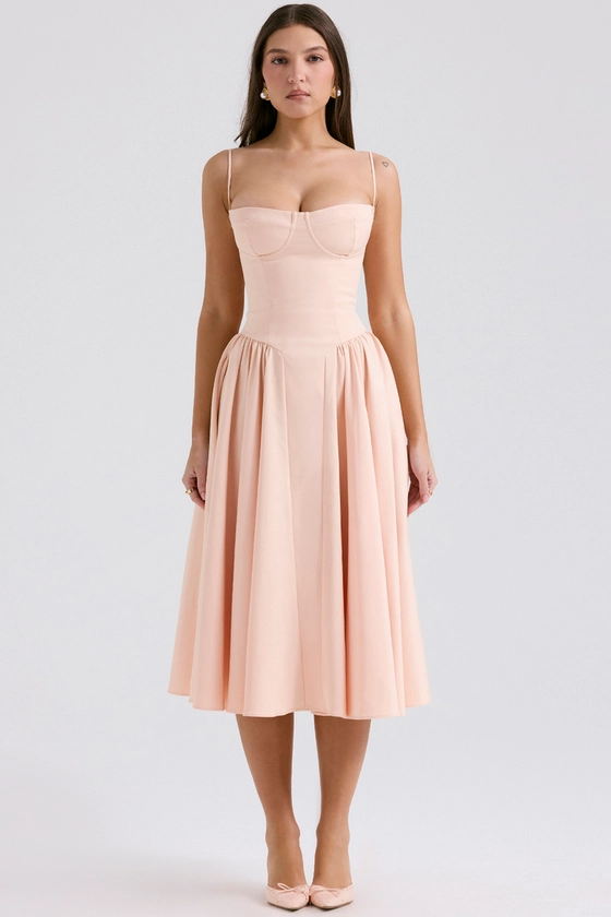 Clothing : Midi Dresses : 'Samaria' Peach Parfait Twill Corset Midi Dress