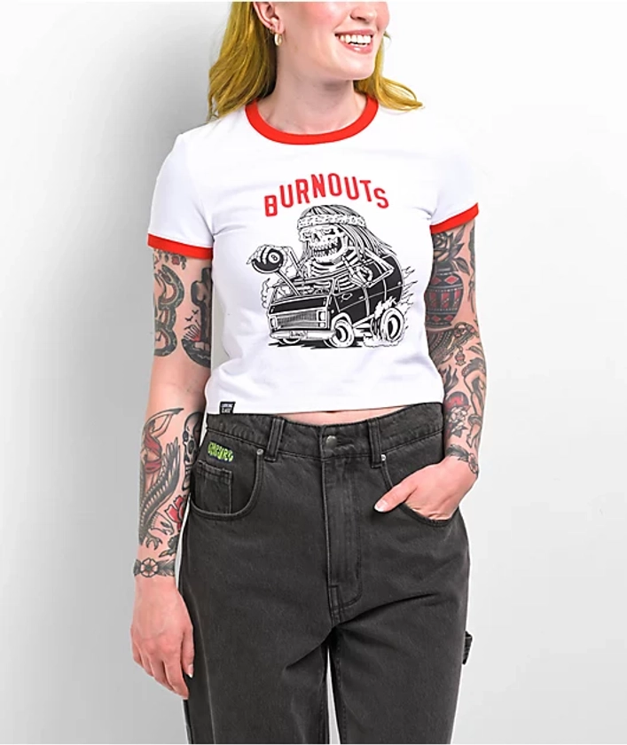 Lurking Class by Sketchy Tank Burnout Ringer White Crop T-Shirt