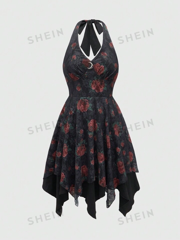 ROMWE Goth Vestido de línea A para mujer con cuello halter, estampado de rosas de encaje en estilo gótico, bajo asimétrico y cintura ceñida