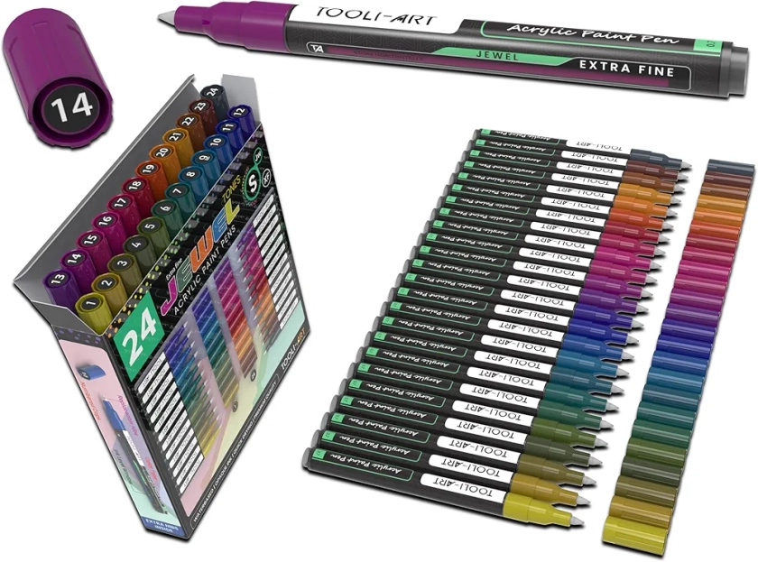 Lot de 24 stylos acryliques imperméables pour pierres - Série spéciale pour peinture sur pierre, galets en plastique, toile, verre, gobelet opaque à base d'eau - Séchage rapide (JEWEL EXTRA FIN)