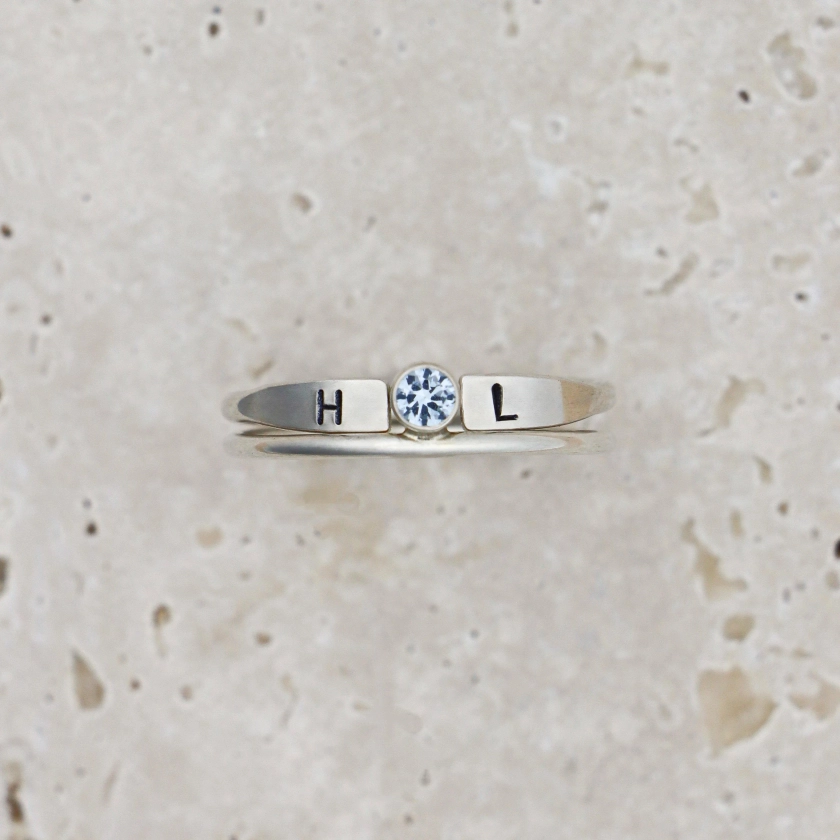 Initial and Birthstone Ring Set in Sterling Silver