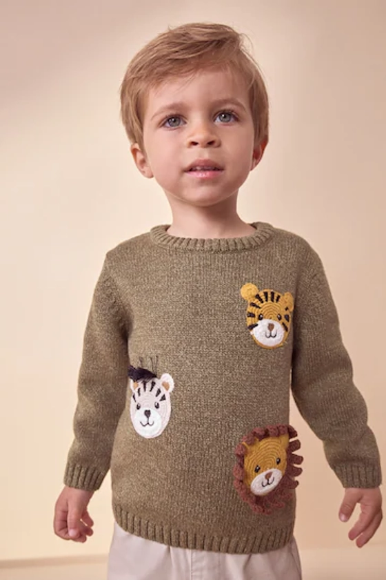 Khaki Green Safari Animals Crew Neck Knitted 100% Cotton Jumper (3mths-7yrs)