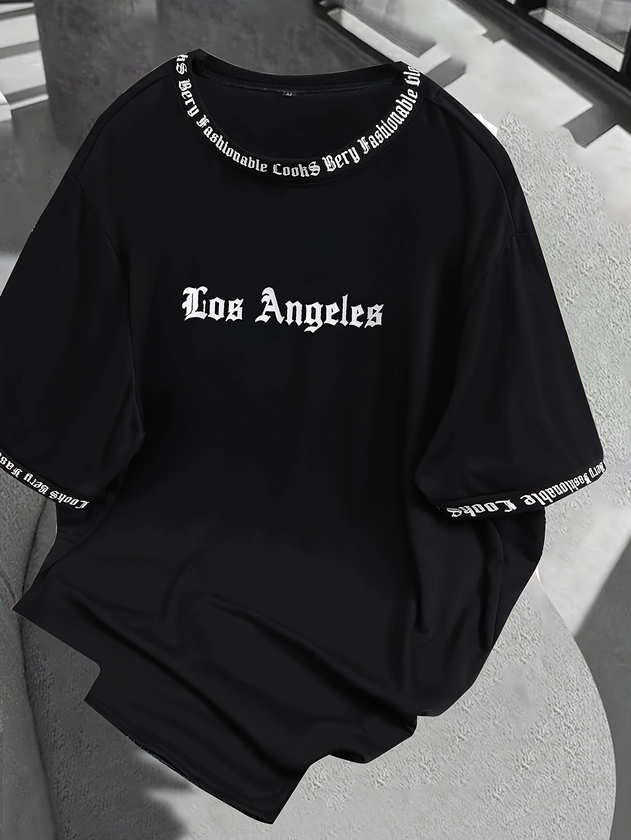 * *'s LOS ANGELES Letter * Neck And Short Sleeve T-shirt, Trendy Tops For Summer Daily And Street Wear