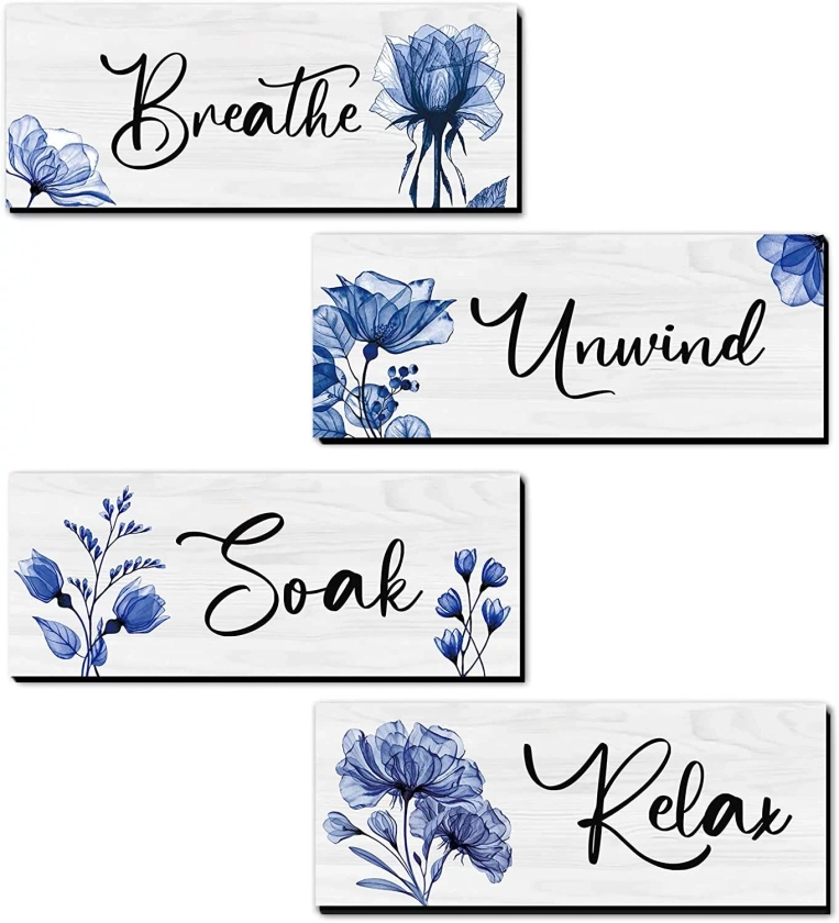 CELIVESGG 4 Pieces Bathroom Wall Decor,Blue, Flower Wall Art Wooden Hanging for Gallery Walls or Home Decoration