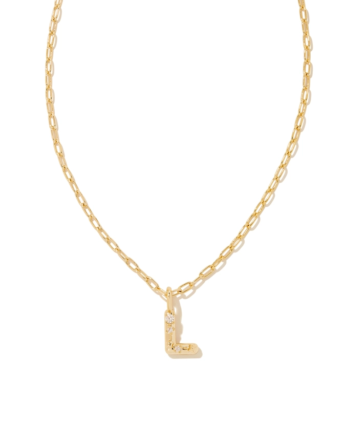 Crystal Letter L Gold Short Pendant Necklace in White Crystal | Kendra Scott