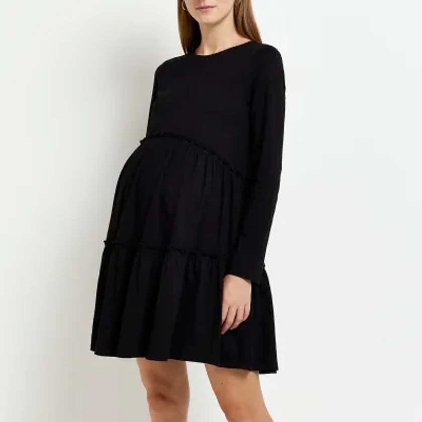Maternity black long sleeve frill mini dress