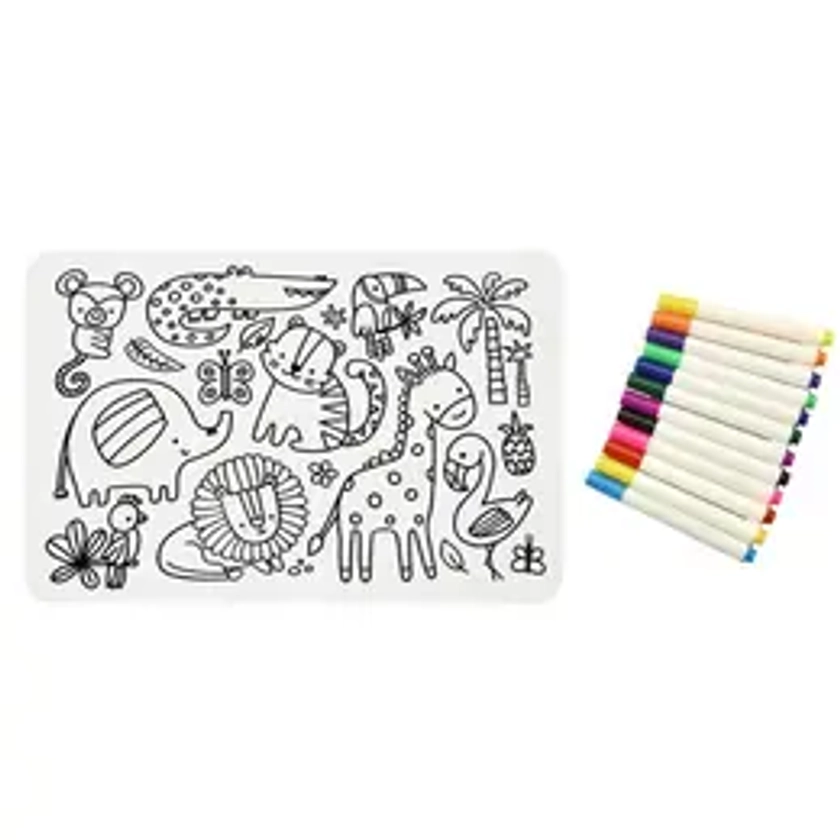 Sensory Junction Jungle Scene Silicone Washable Colouring Placemat For Kids With Coloured Pens - Wipe Clean Reusable - Eco Friendly - Food Grade Silicone