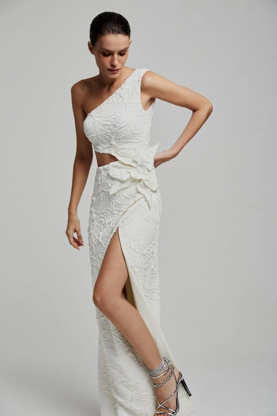 Vestido longo lycra petals off white