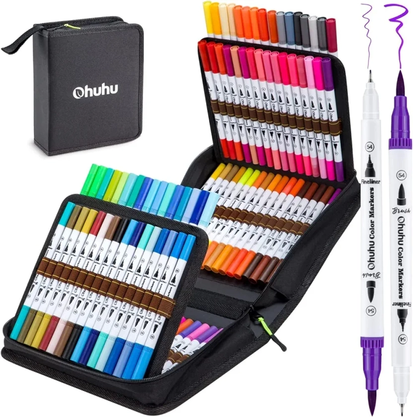 Ohuhu Feutres Coloriage Adulte Enfants, 100 Couleur Feutre Double Pointe Aquarelle Stylos Pointe Fine Pour Dessin, Manga, Doodling, Scrapbooking, Série Maui – Sac de Transport