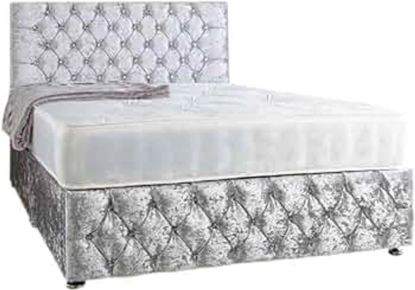 Perfect Sleep 4FT6 Double Silver Crushed Velvet Divan Bed Set Including medium feel mattress And Headboard