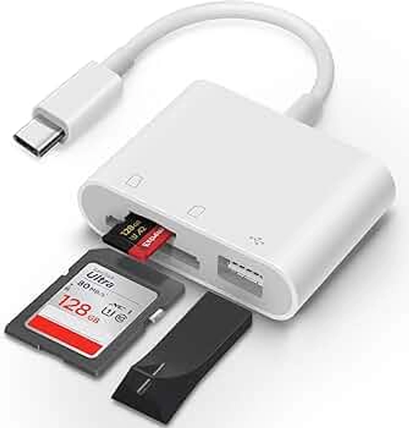 USB C SD Card Reader for iPhone 15 iPad Mac 3 in 1 USB-C Memory Trail Camera Card Adapter with Dual Slots & USB Port for Mac MacBook Pro/Air/Mini Android Laptop More USBC Typec Devices