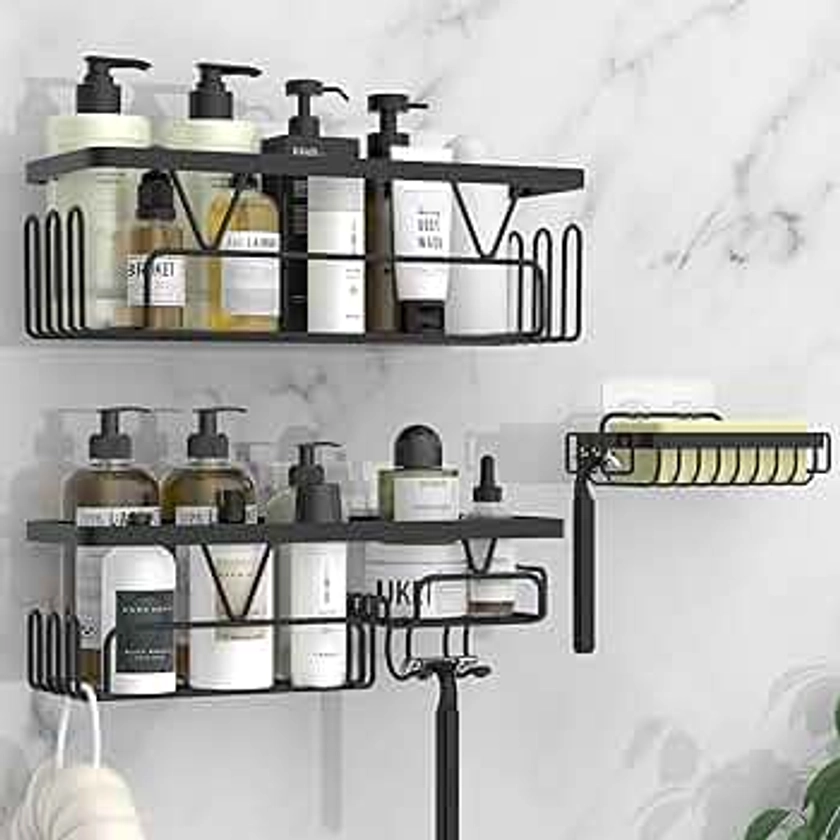 Kegii Shower Caddy, Bathroom Shelf Organiser No Drilling, Adhesive Shower Storage Rack with Soap Razor Holder, Bathroom Accessories, Black, 3 Pack