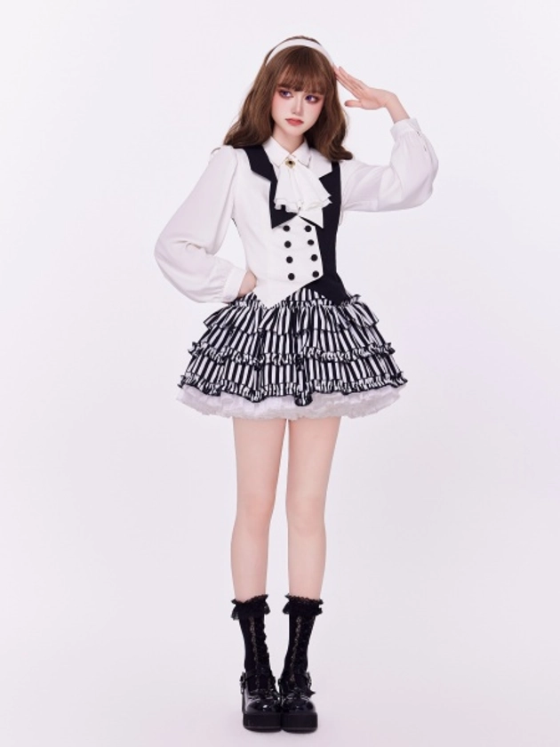 [$21.00]Ready to Ship Dark Cute Black and White Stripped Pattern Tiered Skirt