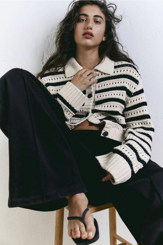 Hole-knit collared cardigan - Light beige/Striped - Ladies | H&M GB