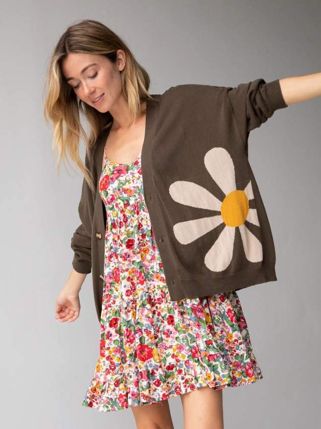 Live Happy Cotton Cardigan Sweater - Cream Daisy