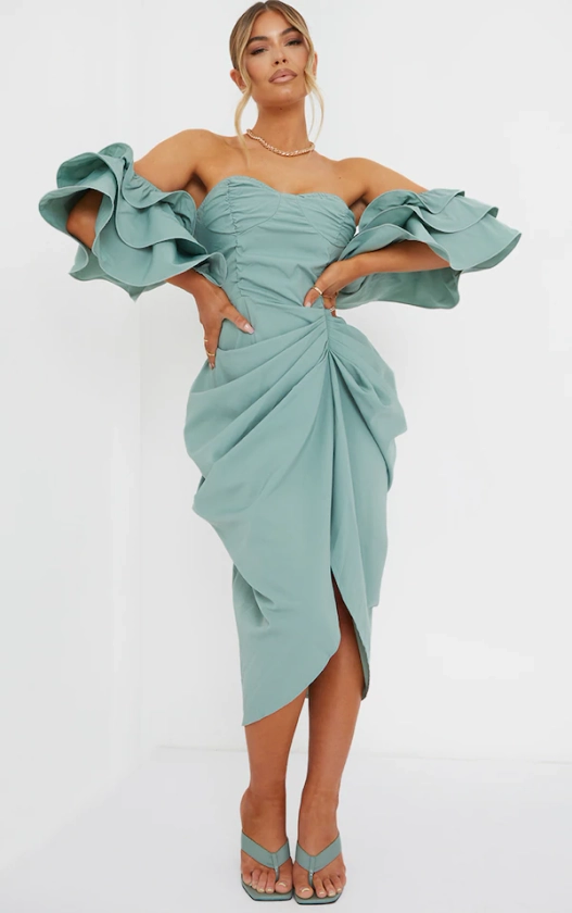 Sage Green Bardot Frill Sleeve Draped Midi Dress