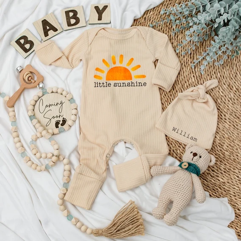 Little Sunshine Baby bodysuit and hat set, Sun Baby Girl Bodysuit, Baby Clothes, New baby, Unisex Baby gift, Going home outfit,Baby keepsake