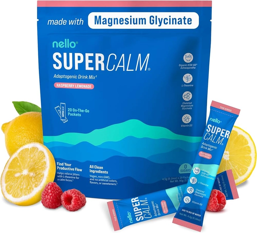 Nello Supercalm Powdered Drink Mix, Raspberry Lemonade, L Theanine, Ksm-66 Ashwagandha, Magnesium Glycinate, Vitamin D 3, Supplements for Relaxation & Focus, No Sugar, Non GMO, Vegan, On The Go, 20 Ct
