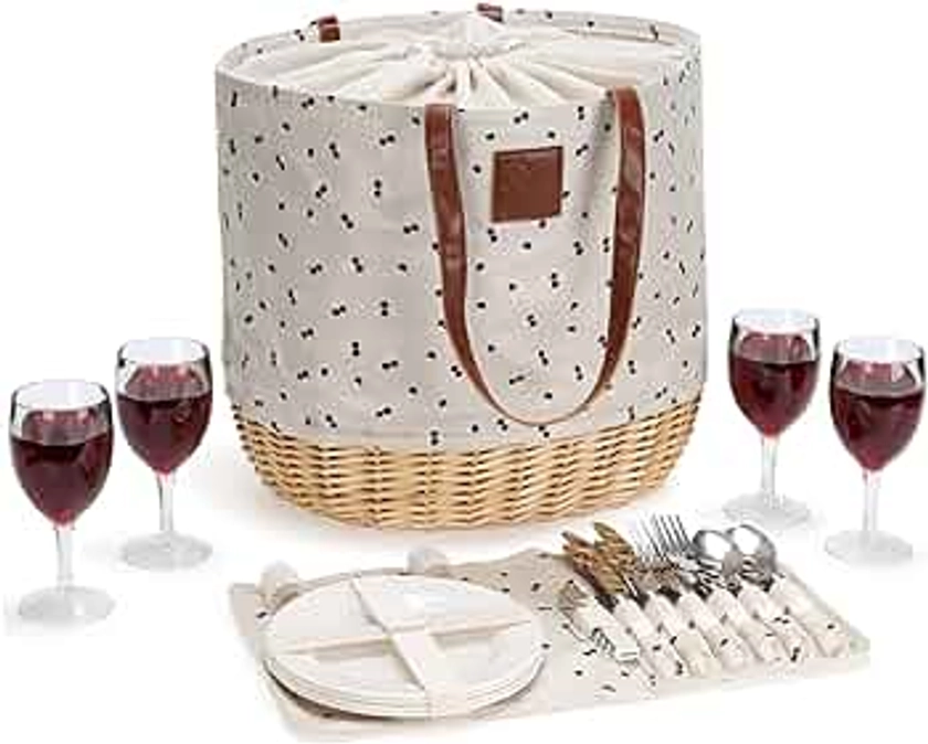 WILLOW WEAVE Willow Picnic Baskets Set for 4, Sturdy Woven Base & Linen Picnic Beach Tote Bag with Drawstring Closure, Insulated Lining & Durable Straps, for Outdoor Events, Shopping - Cherry