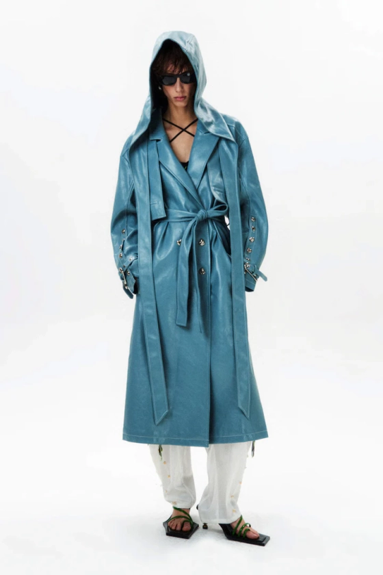 Detachable Hood Leather Trench Coat