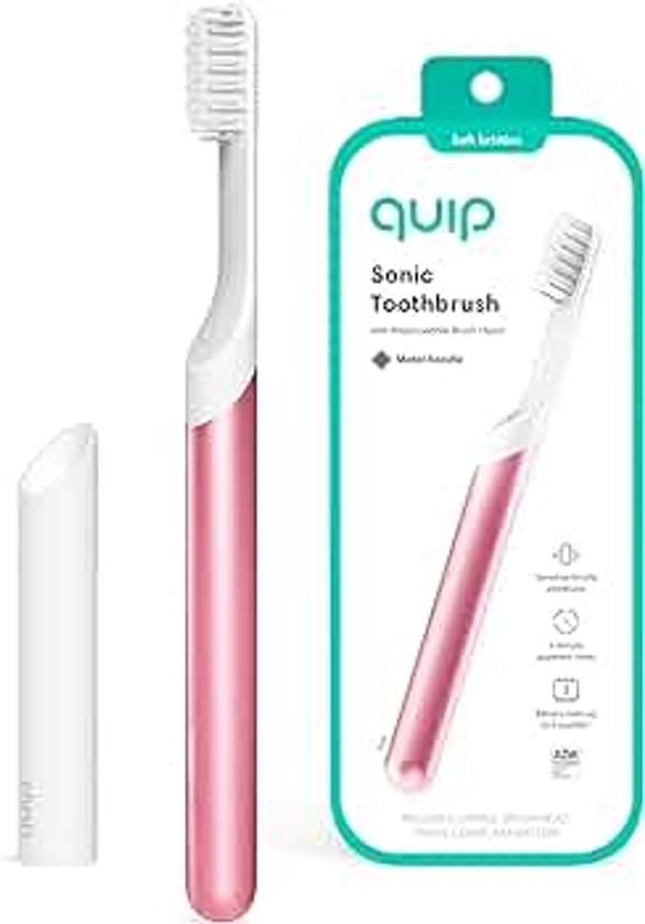 Quip Sonic Toothbrush for Adults - Timed Electric Toothbrush with Cover - Replaceable Brush Head, Soft Bristles, Metal Handle, 3 Month Battery Life - Travel Toothbrush - Pink