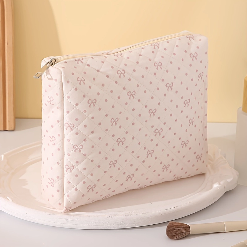 Bowknot Pattern Cosmetic Zipper Bag, Lightweight Portable Toiletry Wash Bag, Versatile Carry On Bag