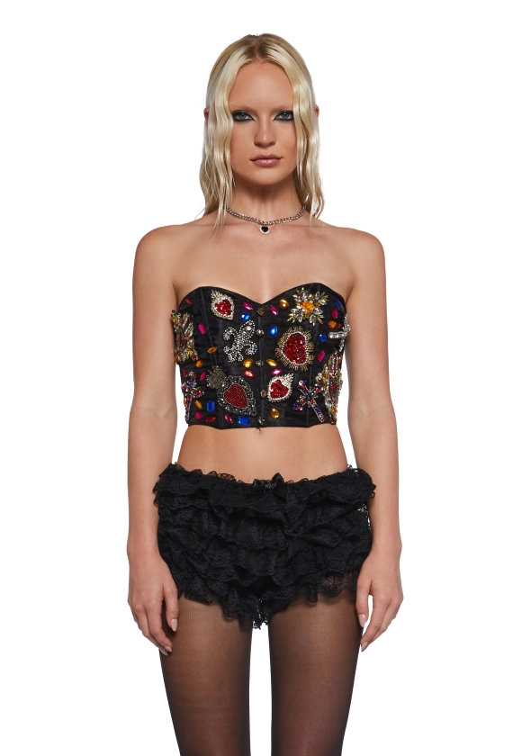 90s Bedazzled Multi Jewel Bustier Corset Top Sugar Thrillz - Black