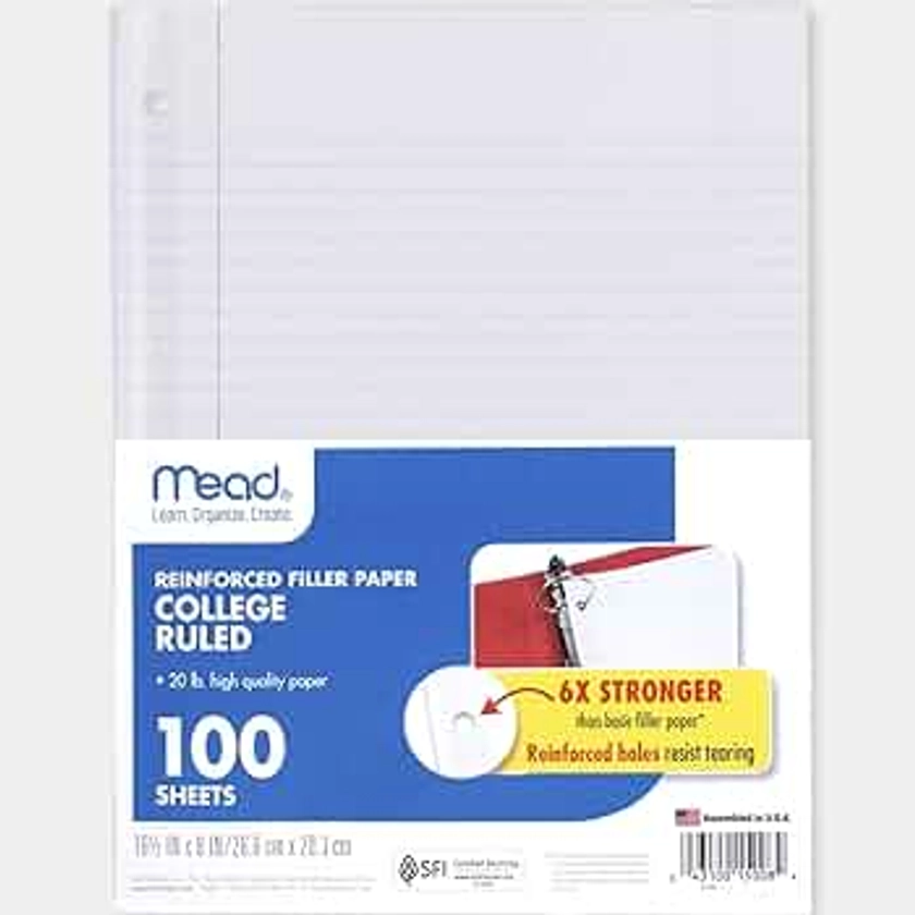 Mead Loose Leaf Paper, 3 Pack, Notebook Paper, College Ruled Filler Paper, Reinforced, 8 x 10.5, 100 Sheets per Pack (38037), White