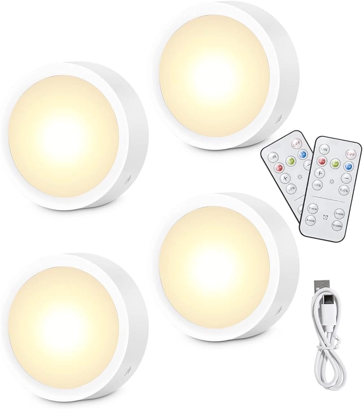 Zawaer Spot LED Rechargeable USB 4 pcs, Veilleuse Cuisine Sans Fil Escalier Placard,3 Couleurs Dimmable,5 Niveaux de Luminosité, avec Télécommandes,Magnétique,Minuterie (avec Autocollant en Métal)