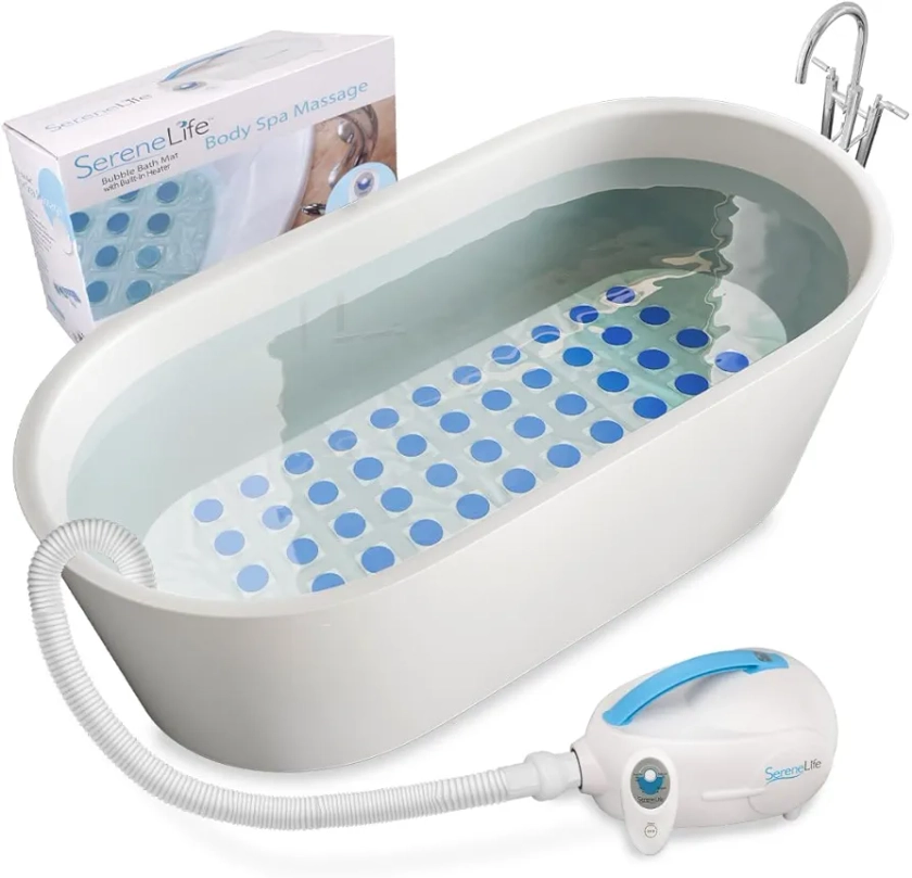 SereneLife Electric Bubble Massage Mat - Waterproof Massaging Spa, Full Body Bubbling Bath Thermal Massager Machine - Maintains Heat Motorized Air Pump, Aroma Clip for Essential Oil - Blue