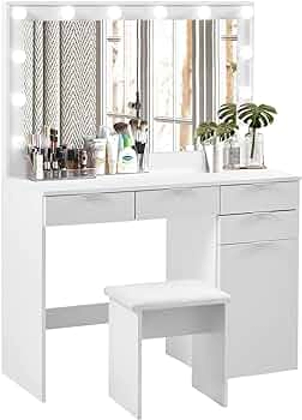 CLIPOP White Large Dressing Table with LED Light Mirror and Stool, Vanity Makeup Table w/ 4 Drawers 1 Closed Storage, Bedroom Makeup Desk Dresser for Girls Women