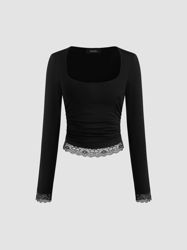 Square Neck Solid Lace Trim Ruched Long Sleeve Tee