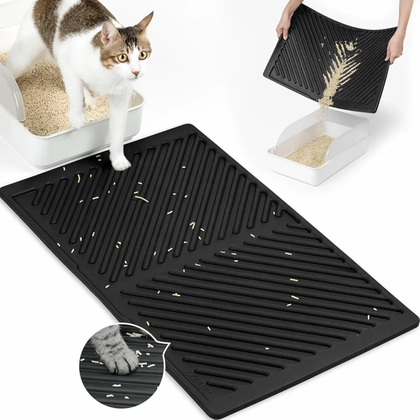 Conlun Tapis Litiere Chat en Silicone,Tapis de Litière pour Chat en Caoutchouc,Tapis Chat Litiere Imperméable,Facile à Nettoyer,Tapis Litiere Antidérapant pour le Contrôle de la Litière (Noir,60x38cm)