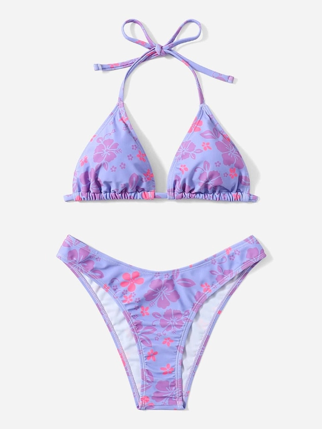Floral Print Halter Triangle Bikini Swimsuit: Purple
