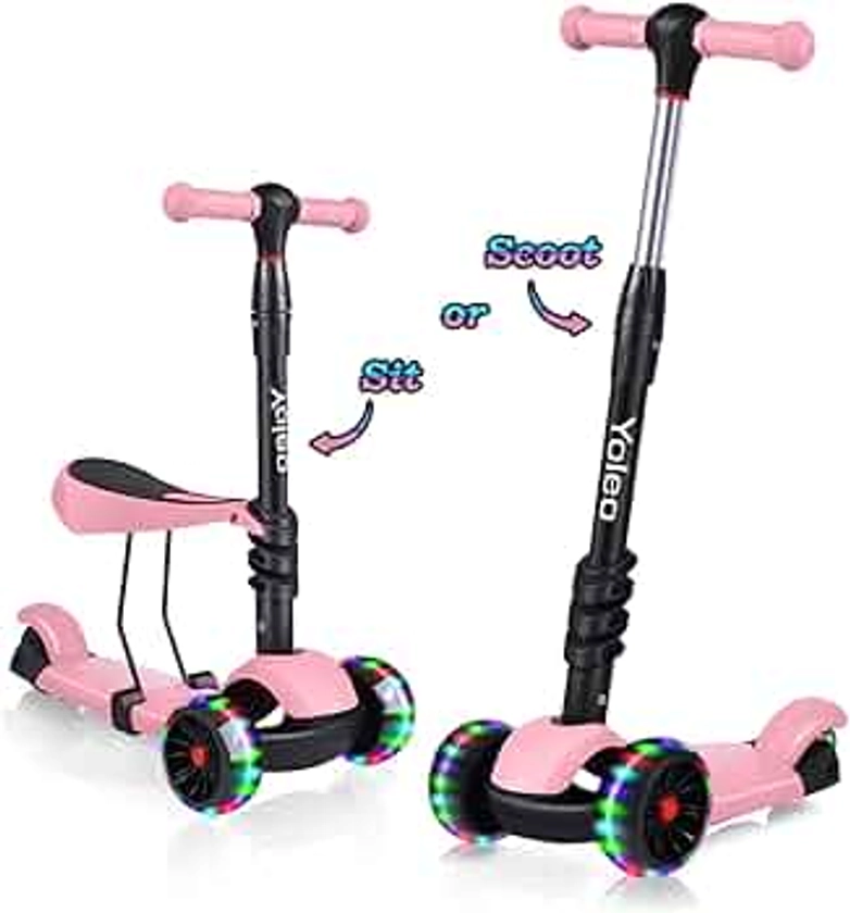 YOLEO Trottinette avec Siège 3 en 1, 3 Roues Plateau Antidérapant LED, Patinette réglable en Hauteur Trottinettes Enfant,Idéal pour Les Enfants de 2 a 8 Ans