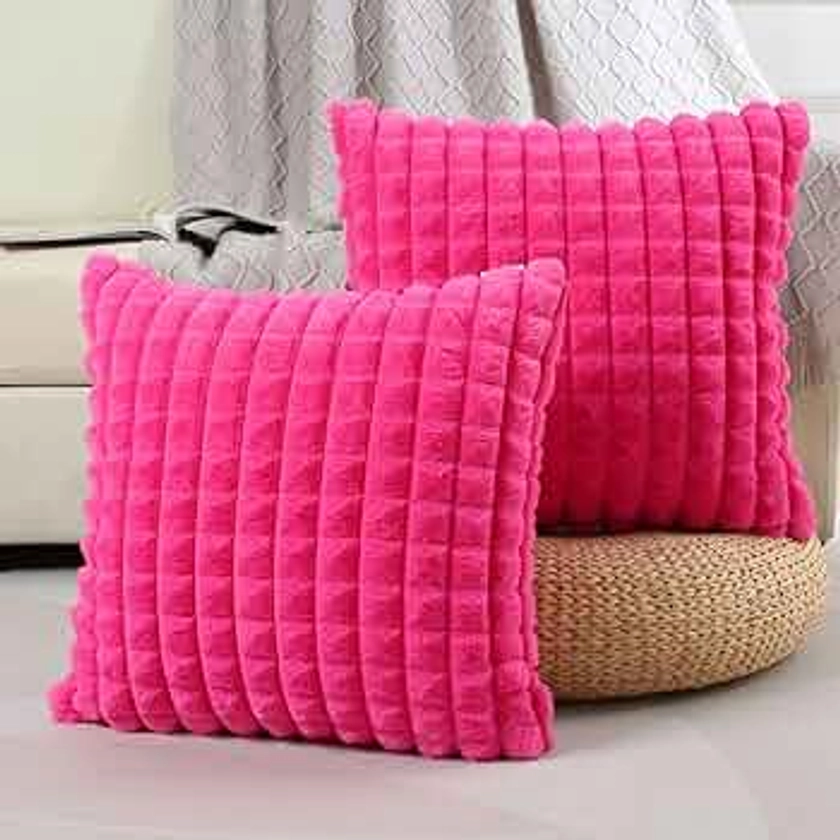 FUTEI Hot Pink Decorative Throw Pillow Covers 20x20 Inch Set of 2,Square Cushion Case,Fluffy Faux Rabbit Fur Plaid & Soft Velvet Back,Modern Home Decor for Couch Bed