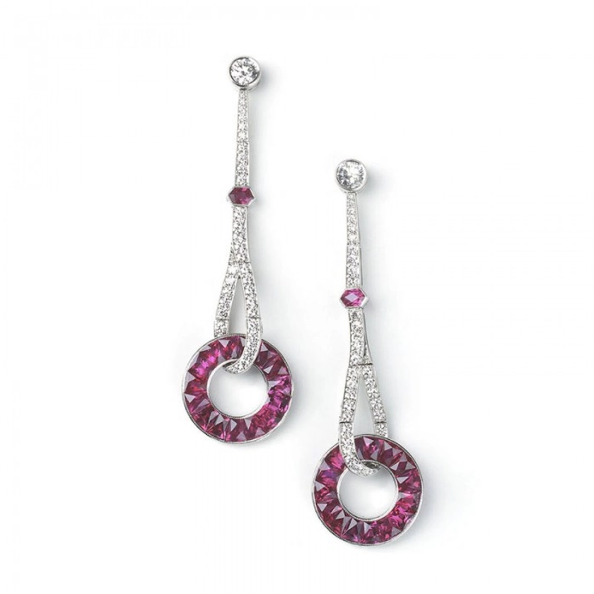 Ruby and Diamond Platinum Drop Earrings