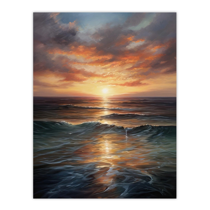 Wall Art & Pictures | Tranquil Seascape Sunset Ocean Waves On Sea Oil Painting Extra Large XL Wall Art Poster Print | Artery8