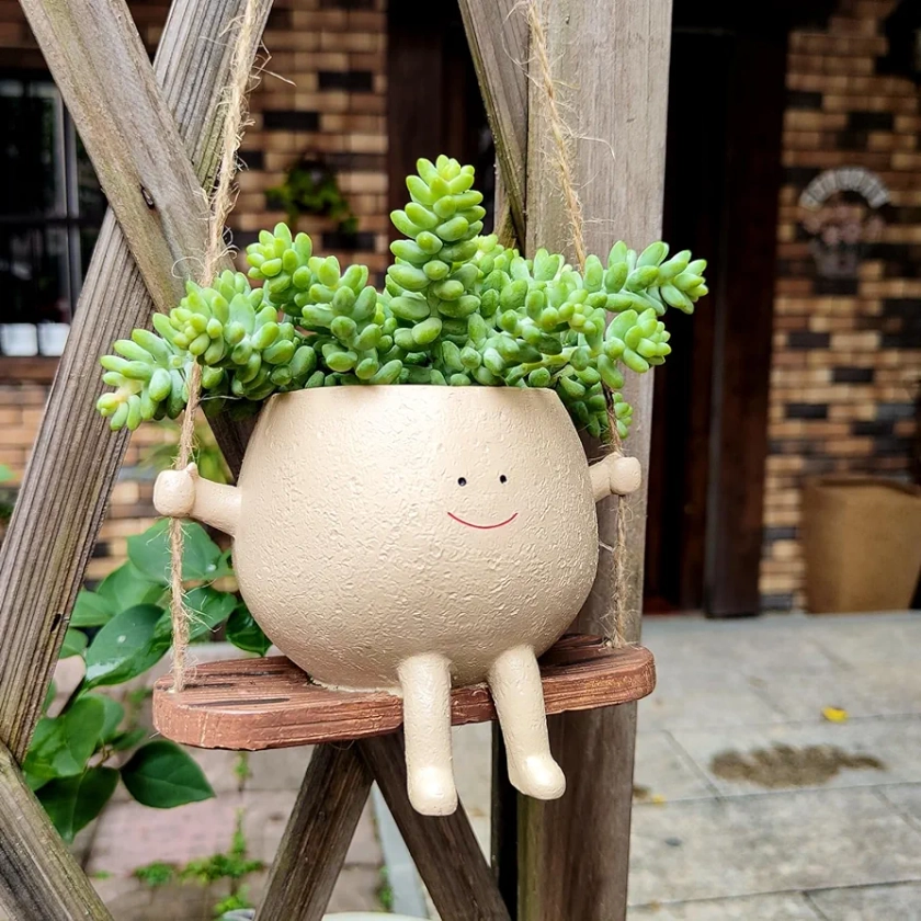 UMESONG Swing Face Planter Pot Hanging Resin Flower Head Planters for Indoor Outdoor Plants Succulent Pots for String of Pearls Plant Live Gift Ideas for Mother, Christmas
