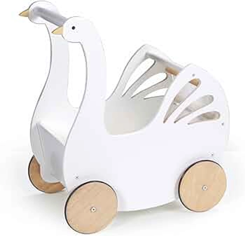 Tender Leaf Toys - Sweet Swan Pram - Wooden Swan Shape Dolls Stroller - Inspired Role-Play Toy for Boys and Girls, Improve Gross Motor Skills and Creativity - Age 18m +