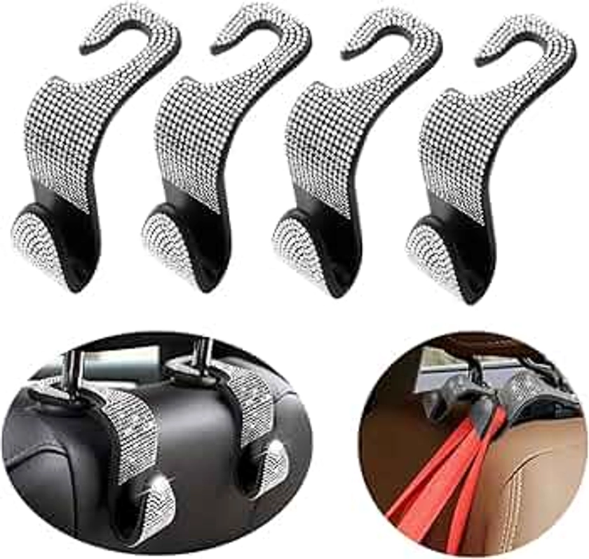 4 Car Hooks, Bling Car Seat Hanger Backseat, Bling Car Headrest Hangers, Backseat Bling Car Hooks with Rhinestone Diamond Hanger Back Seat Organizer for Vehicle. (White Blings)