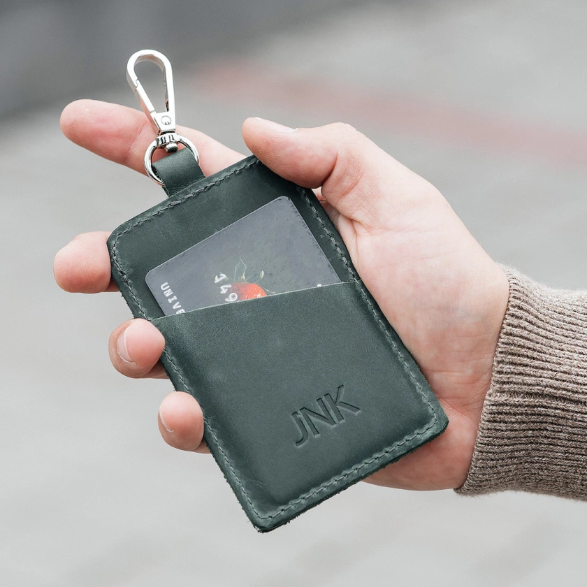 Personalized Leather ID Card Holder With Key Carabiner Sleek Minimalist Design for ID and Business Card Genuine Leather Badge Wallet - Etsy