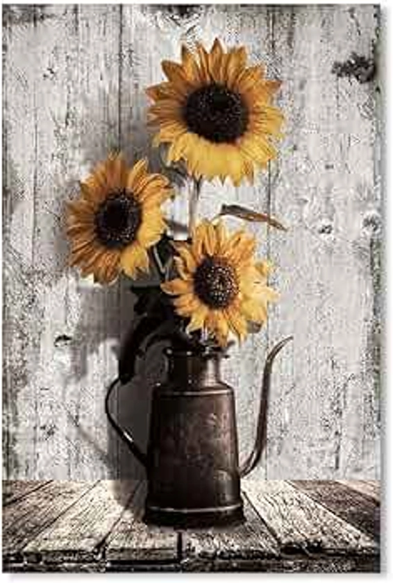 YPY Rustic Sunflower Wall Decor: Sunflower Decorations Kitchen Vintage Framed Wall Art Canvas Prints, Inspirational Sunflower Gifts For Women