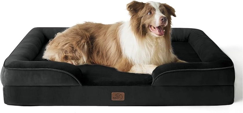 Bedsure Large Dog Bed Sofa - Washable Orthopedic Dog Beds and Couch with Removable Flannel Cover, Waterproof Dog Pillow with U-Shape Bolster, Black Squre Pet Bed Fits up to 30kg, 97x71x16cm