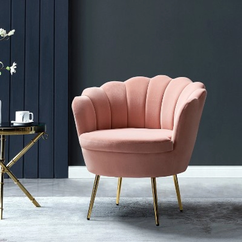 Yves Velvet Accent Barrel Chair with Golden Metal Legs Tufted Wooden Upholstery | Karat Home - pink