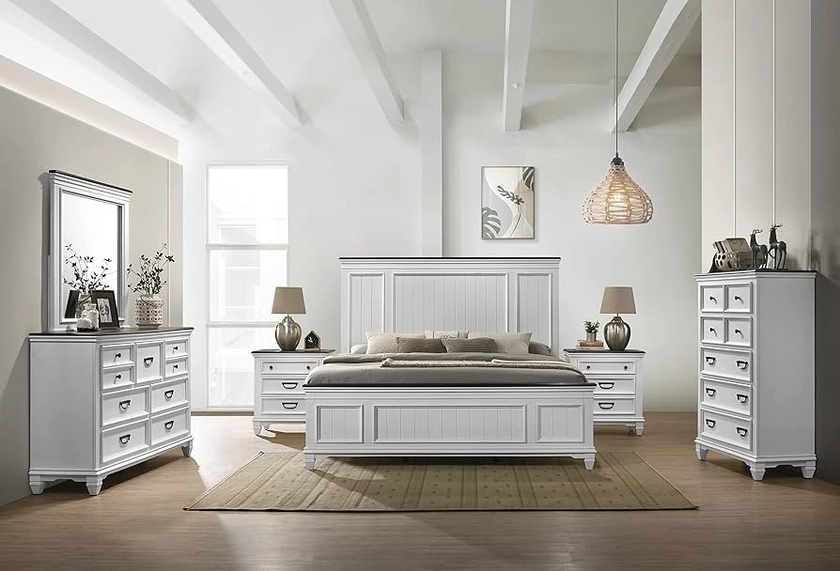Roundhill Furniture Clelane Wood Bedroom Set with Shiplap Panel Bed, Dresser, Mirror, Two Nightstands, and Chest, Queen, Weathered White and Walnut