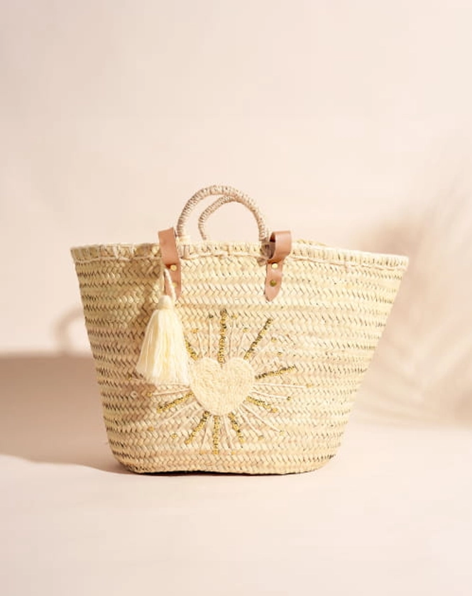 Grand Panier de Plage Sol Blanco. Panier en Osier et Broderie Coeur